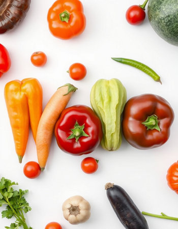 Composition with fresh vegetables on white background, top view. Healthy foodの写真素材