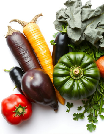 Fresh vegetables isolated on white background. Healthy eating concept. Top view.の写真素材