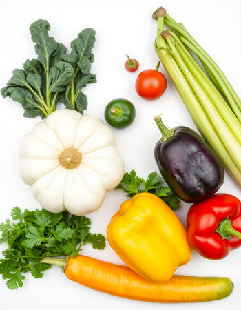 Fresh vegetables isolated on white background. Top view. Flat lay.