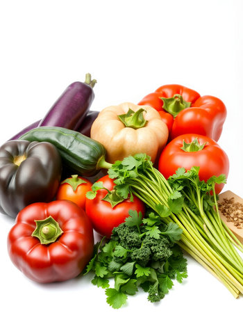Composition with fresh vegetables on white background. Balanced diet concept.の写真素材