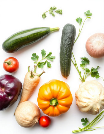 Fresh vegetables on white background. Healthy food concept. Top view.の写真素材