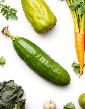 Fresh vegetables on white background, top view. Vegetarian food concept