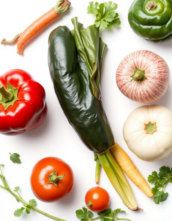 Fresh vegetables on white background, top view. Healthy food concept.の写真素材