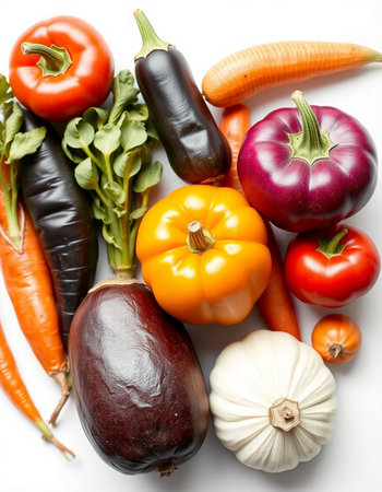 vegetables on a white background, close-up, top viewの写真素材