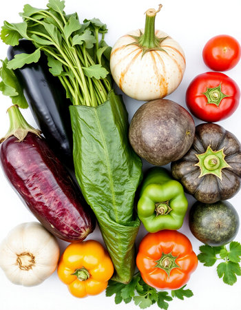 vegetables isolated on white background, top view, close upの写真素材