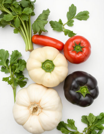 Vegetables on a white background, top view, vertical.の写真素材