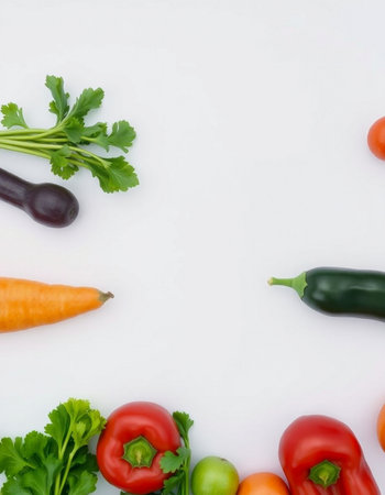 Fresh vegetables on white background, top view. Healthy food concept.の写真素材