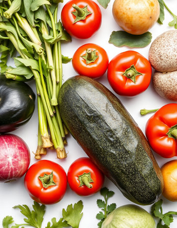 Fresh vegetables on a white background. Top view. Flat lay.の写真素材