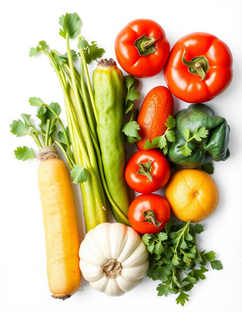 Fresh vegetables isolated on white background. Top view. Flat lay.の写真素材