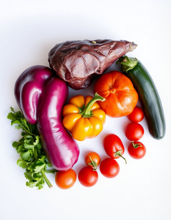 Vegetables isolated on white background. Tomato, eggplant, pepper and parsleyの写真素材