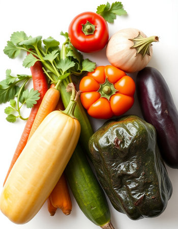 vegetables on a white background, top view, close-upの写真素材
