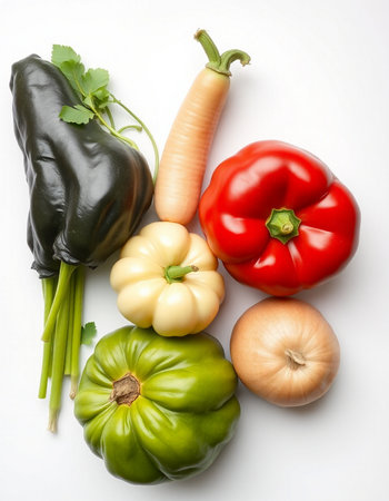 Vegetables on a white background, top view, close-upの写真素材