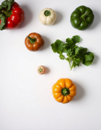 Fresh vegetables on a white background. Flat lay, top view.
