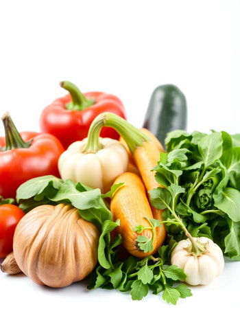Composition with fresh vegetables on a white background. Isolated.の写真素材