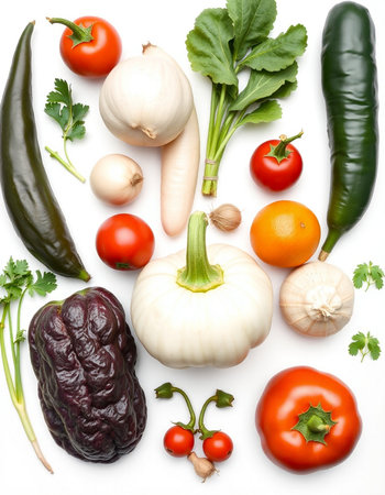 Composition with variety of fresh vegetables on white background, top viewの写真素材