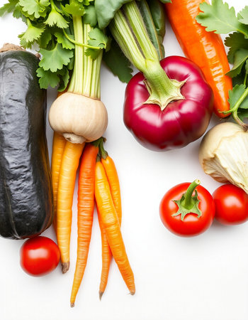 vegetables on a white background, top view, close-upの写真素材