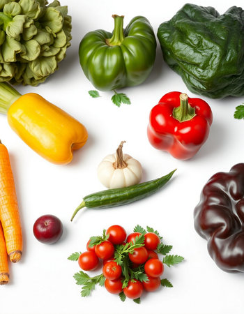 Composition with fresh vegetables on white background, top view. Balanced dietの写真素材