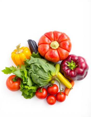 Vegetables isolated on white background. Red, yellow, green and orange bell peppers, tomatoes,...