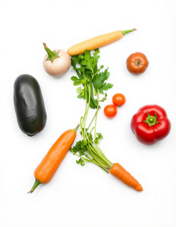 Vegetables isolated on white background. Carrot, pepper, tomato, eggplant, parsleyの写真素材