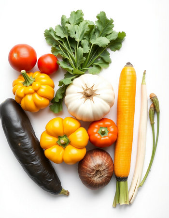 vegetables isolated on white background, healthy food, top viewの写真素材