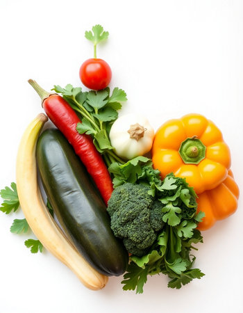 Fresh vegetables isolated on white background. Healthy eating concept. Top view.の写真素材