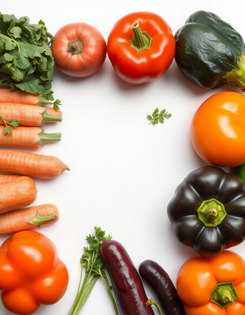 Composition with fresh vegetables on white background, top view. Space for text