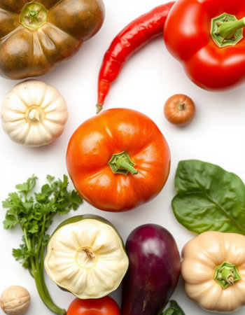 Various fresh vegetables on white background, top view. Flat lay.の写真素材