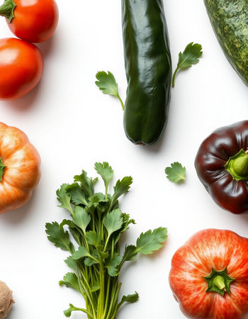 Fresh vegetables on white background, top view. Vegetarian food conceptの写真素材