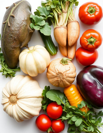 Fresh vegetables isolated on white background. Top view. Flat lay.の写真素材