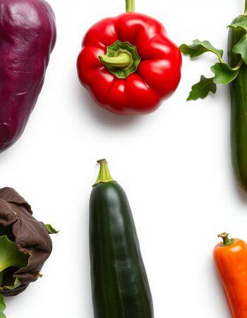 vegetables isolated on a white background. top view, flat layの写真素材