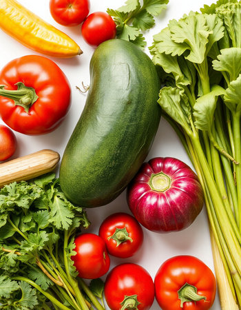 Fresh vegetables on a white background. Flat lay, top view.の写真素材