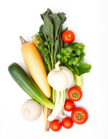 Fresh vegetables isolated on white background. Healthy food. Top view.の写真素材