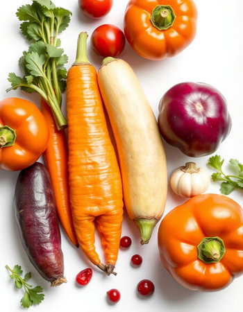 Fresh vegetables on a white background, top view, close-up