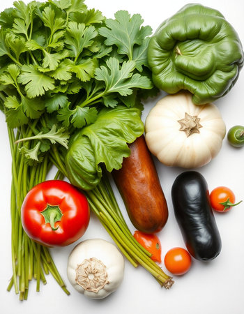 Composition with variety of fresh vegetables on white background, top view