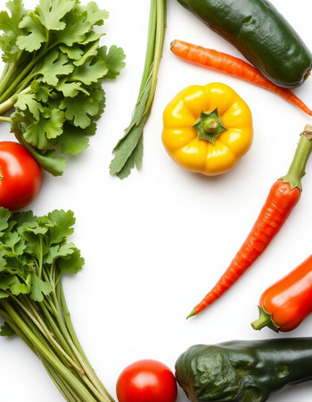 Fresh vegetables isolated on white background. Top view. Flat lay.