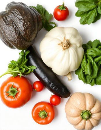 vegetables isolated on white background, top view, close up