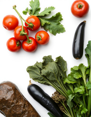 Vegetables isolated on white background. Tomato, eggplant, parsleyの写真素材