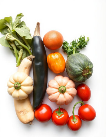 Fresh vegetables isolated on white background. Top view. Flat lay.