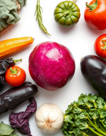 Fresh vegetables isolated on white background. Top view. Flat lay.の写真素材