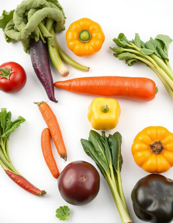 Vegetables on white background. Healthy food. Top view.