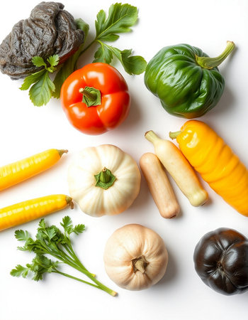 Vegetables on a white background, top view, close-upの写真素材