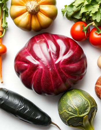 Different fresh vegetables on white background, top view, close-upの写真素材