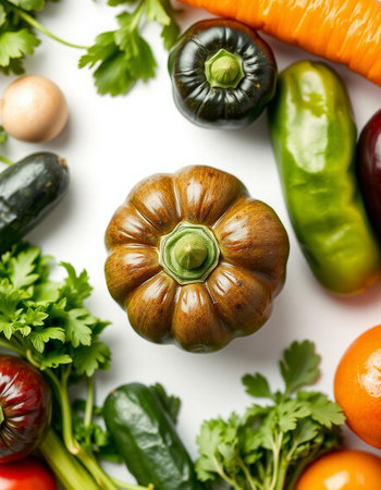 Variety of fresh organic vegetables on white background. Top view.