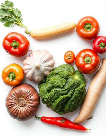 Composition with fresh vegetables on a white background. Healthy food.の写真素材