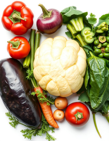 Fresh vegetables isolated on white background. Healthy food. Top view.の写真素材