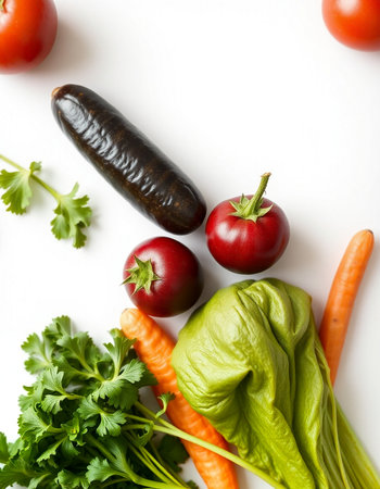 Fresh vegetables on a white background. Flat lay, top view.