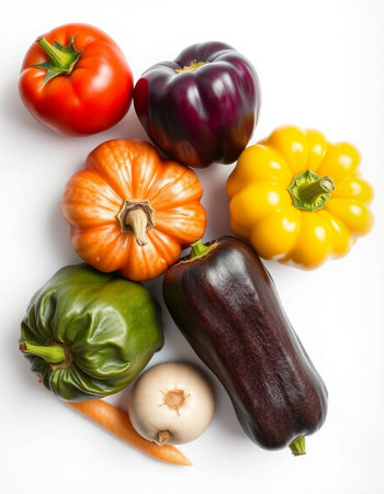Vegetables isolated on white background, top view, close up