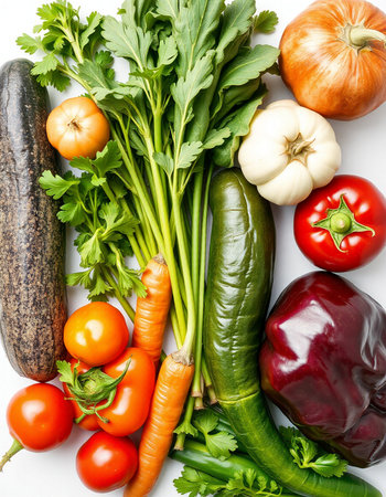 Fresh vegetables isolated on white background. Top view. Flat lay.