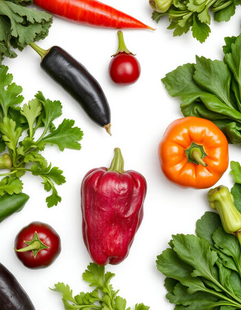 collection of various fresh vegetables isolated on white background. Top view. Flat lay pattern