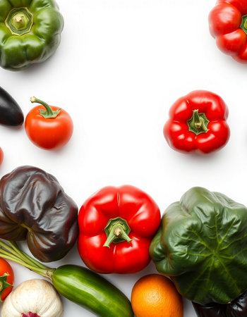 Composition with fresh vegetables on white background, top view. Space for text